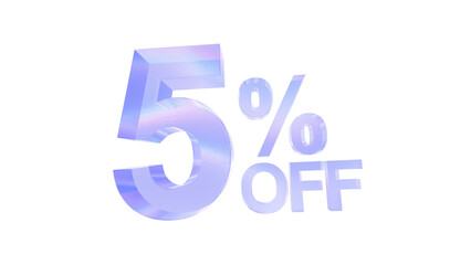 3d 5 percent off text with blue glass and raberration effects isolated on a transparent background. Blue tone. 3d elements for graphic design.