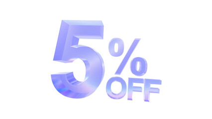 3d 5 percent off text with blue glass and raberration effects isolated on a transparent background. Blue tone. 3d elements for graphic design.
