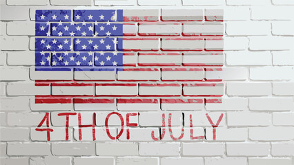 American flag and fourth of july text painted on a white brick wall for independence day celebration