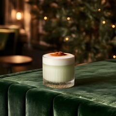 Delicious Matcha Latte with Cinnamon on Green Velvet