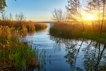 Sunrise over lake channel with reeds, trees, and reflections.
