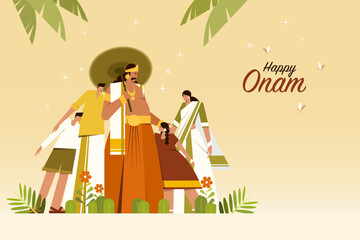 Mythological king 'Mahabali' standing with a happy family. Concept of Onam festival in Kerala