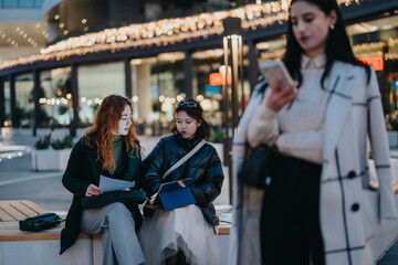 Naklejka premium Two young women reviewing documents while seated outside an urban area with festive lights. A passing individual using a smart phone adds a touch of modern daily life to the scene.