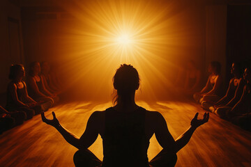 Deaf woman guides yoga class using visual cues and a calming atmosphere during an evening session