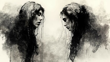 Dark conceptual art representing duality and psychological struggle. Evocative abstract image highlighting themes of mental health, identity crisis, and emotional turmoil.