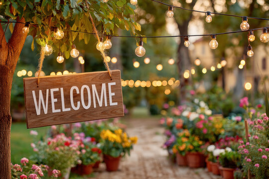 Welcome sign hanging from tree with string lights illuminating a vibrant garden pathway