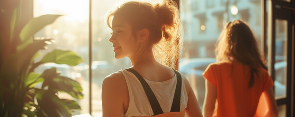Girl with scoliosis wearing a back brace in a sunny cafe interacting with friends during the afternoon