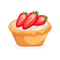Vector illustration of a berry tartlet with cream, strawberries, raspberries, blueberries, and blackberries on a white background. Perfect for Chocolate Day, kids menu, bakery ads, decor, and seasonal