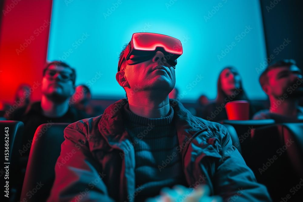 Poster man with a visual prosthetic device engages with cinematic experience in a theater during an immersi
