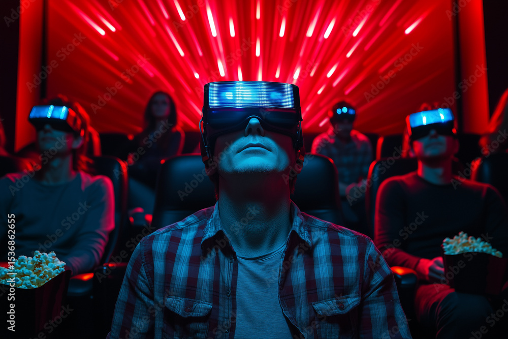 Poster man using visual prosthetic device enjoys immersive experience in cinema during vibrant screening ev