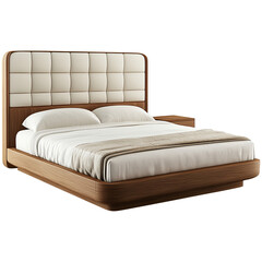 Fototapeta premium Modern solid wood double bed with leather headboard, white and brown color scheme, isolated PNG white background