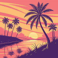 Sunset Paradise Tropical Palms, Serene Waters, and Vibrant Hues