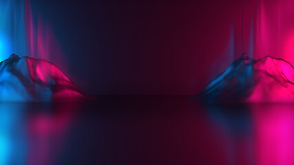 Abstract background. Pink and blue neon glow shining over futuristic landscape with mountain rocks