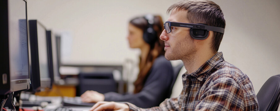 Man with low vision engages with screen reader software in technology training session at community center