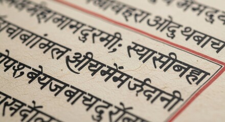 Close-up of ancient sanskrit script on aged paper