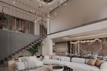 Contemporary living room with floating staircase and designer furniture