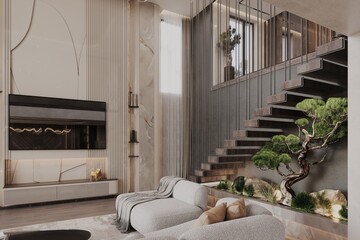 Modern luxury living room with floating staircase and indoor bonsai garden. Featuring soft boucle sofas, textured wall panels, sculptural lighting, and a stylish media wall. The Zen-inspired interior 