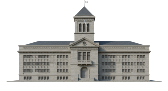 Isolated Stone University Building with Clock Tower