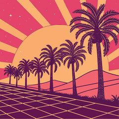 Fototapeta premium Retro Sunset Palm Tree Landscape A Vibrant 80s Inspired Illustration