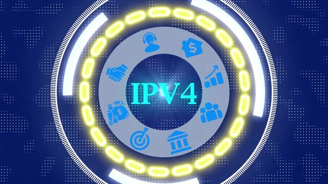 an ipv4 button on a futuristic digital interface, holographic blue HUD circle with glowing technology icons, modern internet protocol and data communication concept
