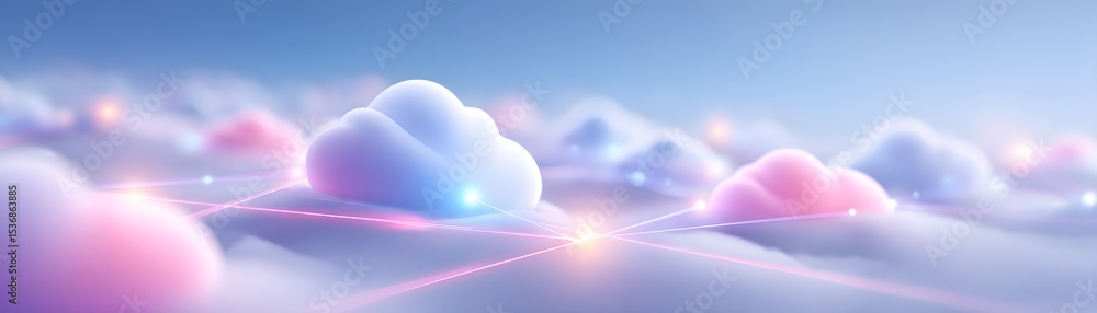 Poster a surreal digital landscape featuring soft pastel clouds above a smooth surface with intersecting gl