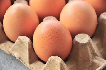 A close-up shot shows several brown eggs nestled in a gray cardboard egg carton.
