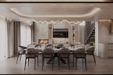 Luxury open space living and dining area with modern design. Features a sculptural LED chandelier, elegant dining table, velvet chairs, a contemporary fireplace, floating staircase, and marble wall fi