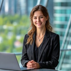A portrait of an attractive business woman wearing black suit standing in front on her desk with laptop, she is smiling and looking at the camera, modern office space background, large window showing 