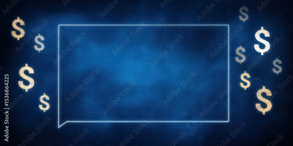 Poster economic finance conceptual background with glowing dollar symbols and empty speech bubble for text 