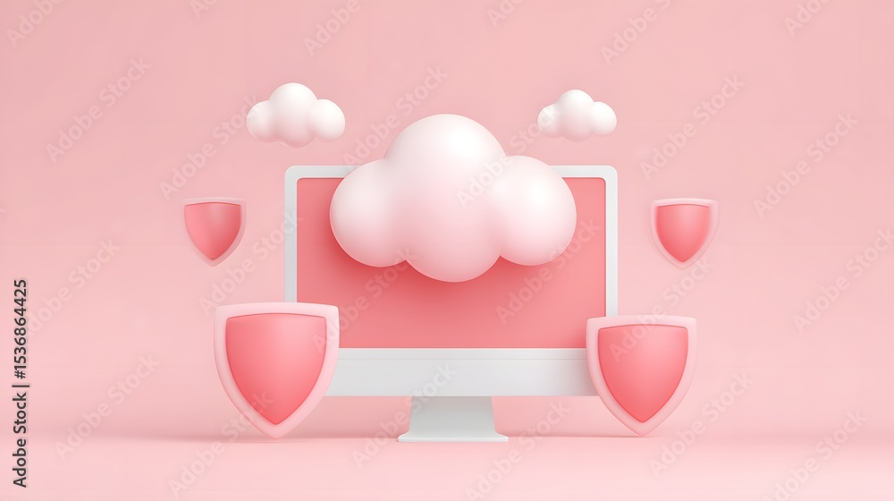 Aufkleber a pink-themed digital illustration showing cloud computing security with a computer monitor, cloud i