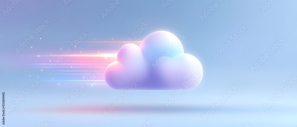 Poster a glowing cloud icon with motion blur streaks on a blue gradient background, representing fast cloud