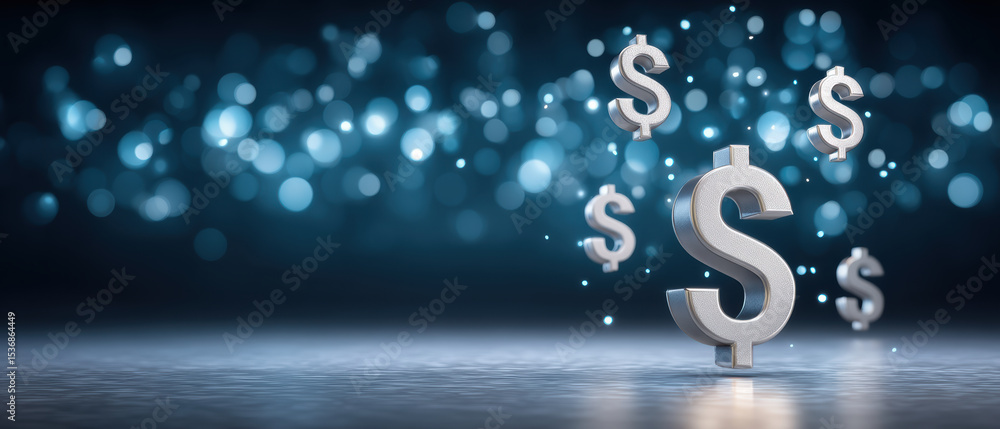 Poster economic finance conceptual image with silver dollar symbols floating on reflective surface and blue