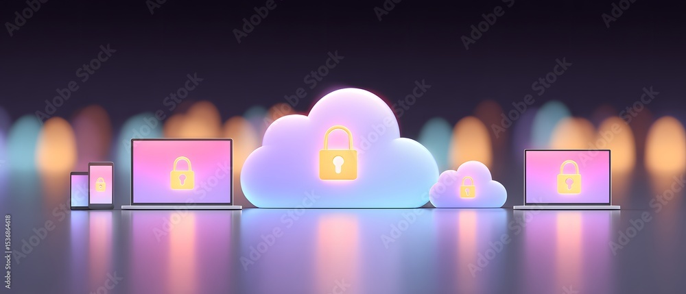 Poster digital devices connected to a glowing cloud icon with padlocks, symbolizing secure cloud storage an