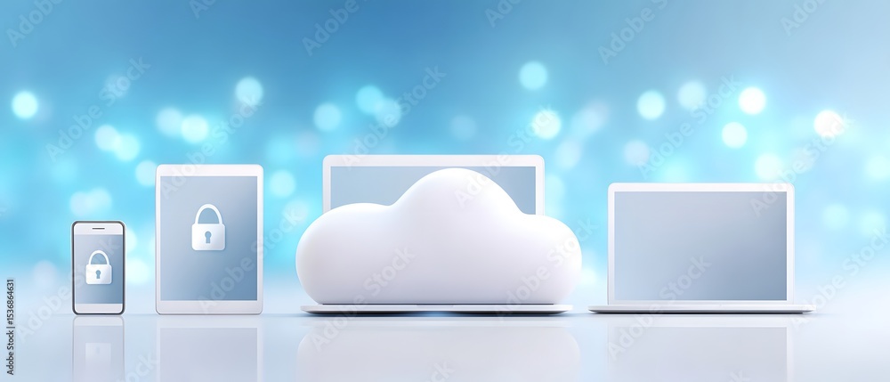 Poster digital devices including a smartphone, tablet, laptop, and cloud icon symbolizing secure cloud comp
