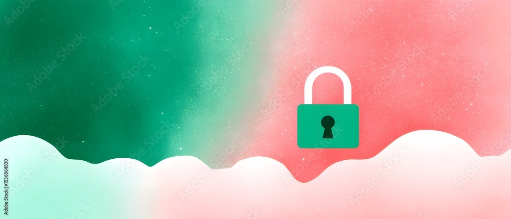 Poster minimalistic image of a green padlock hovering between green and pink fog, symbolizing security and 