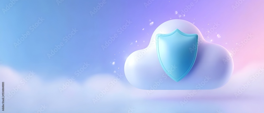 Poster a blue shield symbol on a glowing cloud icon represents secure cloud computing and data protection i