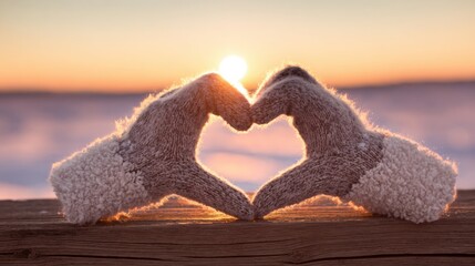 Two hands in cozy knitted mittens form a heart shape on weathered wood, set against a serene sunset with warm orange and yellow hues, soft glow highlighting textures.