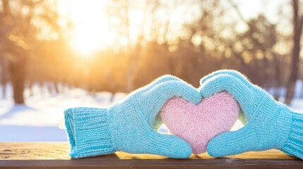 Snowy outdoor scene with light-blue knitted gloves forming a heart shape around a soft pink fluffy heart, warm golden sunlight creating bokeh among trees, 
