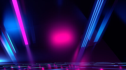 Abstract background. Neon glow, neon light lines. Empty room in ultraviolet glow
