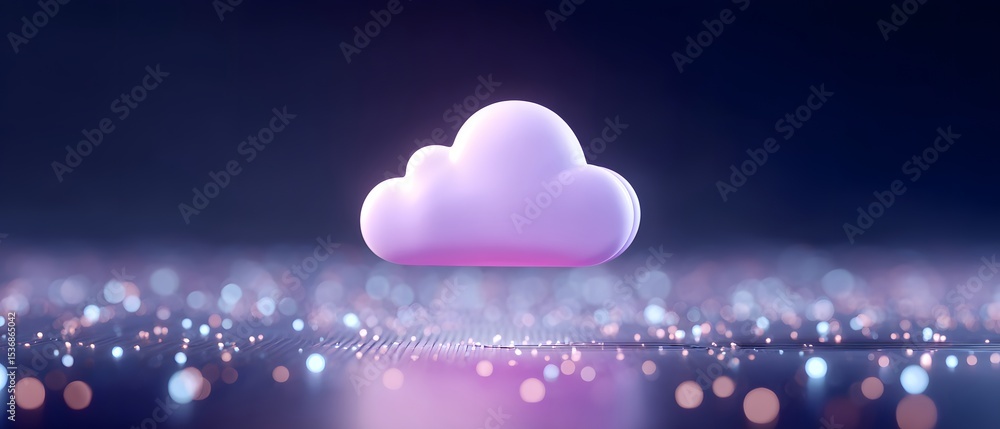 Poster a soft, glowing cloud icon floats above a digital, illuminated surface with a bokeh effect in a futu