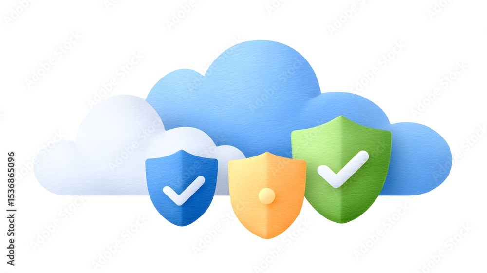 Poster three colorful shields with check marks are placed in front of stylized blue and white clouds, symbo