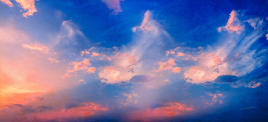 Sky with colorful clouds at sunset .  Awesome sunset and soft pink clouds of pastel tones. Image template of textured sky. Gorgeous photo wallpaper. Dramatic evening light and fiery orange sunset