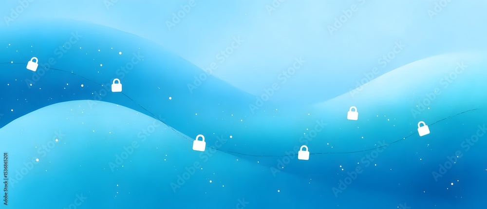 Aufkleber a digital abstract blue background with wave-like gradients and scattered small white locks symboliz