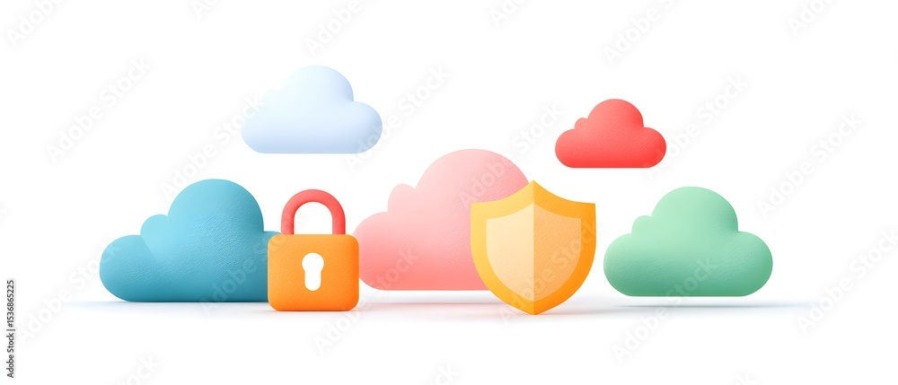 Poster colorful cloud icons with a lock and shield symbolizing data protection and cloud security in a digi