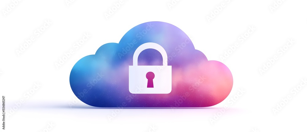 Poster a colorful cloud icon with a padlock at its center, symbolizing secure cloud storage and data protec