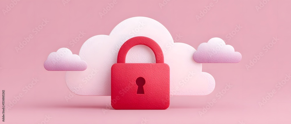 Poster a red padlock symbolizes security in front of a white cloud on a pink background, representing cloud