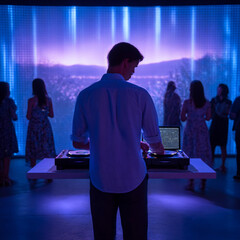a party with a DJ playing in front of a massive art-filled LED wall at an upscale art gallery in LA