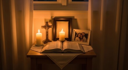 Cozy candlelit prayer nook with bible, cross, and family photos for peaceful reflection