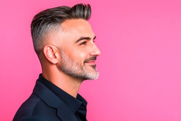 Obraz premium Pink solid background. A modern hairstyle complementing a stylish gentleman. Artwork of style for aging men. Fashionable men's hard part haircut - midlife middle eastern man with short hair.