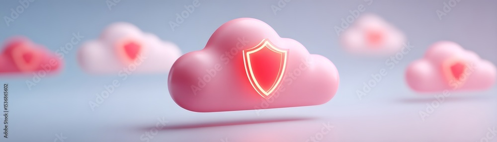 Poster a pink cloud with a shield icon symbolizes secure cloud computing and data protection in a soft, pas